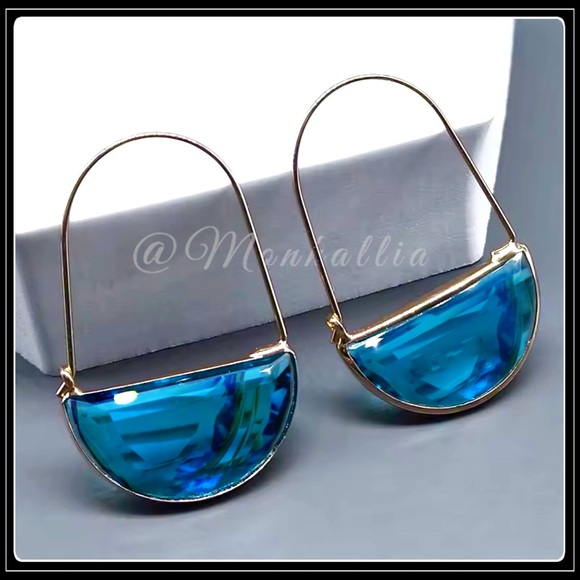 NEW GOLD BLUE TOPAZ CRYSTAL ARC BOHO EARRINGS - Picture 3 of 4